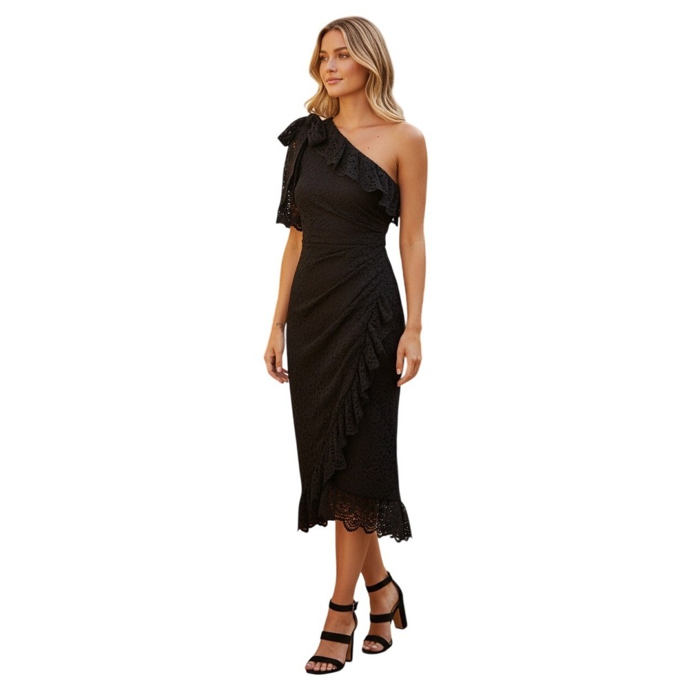 Ulla Johnson One Shoulder Black Eyelet Ruffle 100% Cotton Mid Dress XS NWOT $690